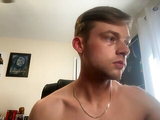 Straight horny white guy jerks off his big cock in his room